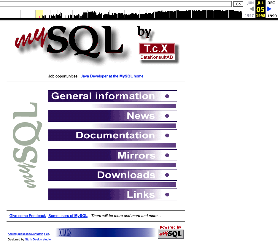 MySQL homepage in 1998