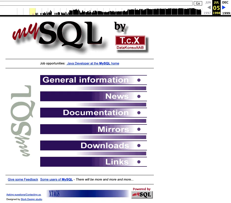 MySQL homepage in 1998